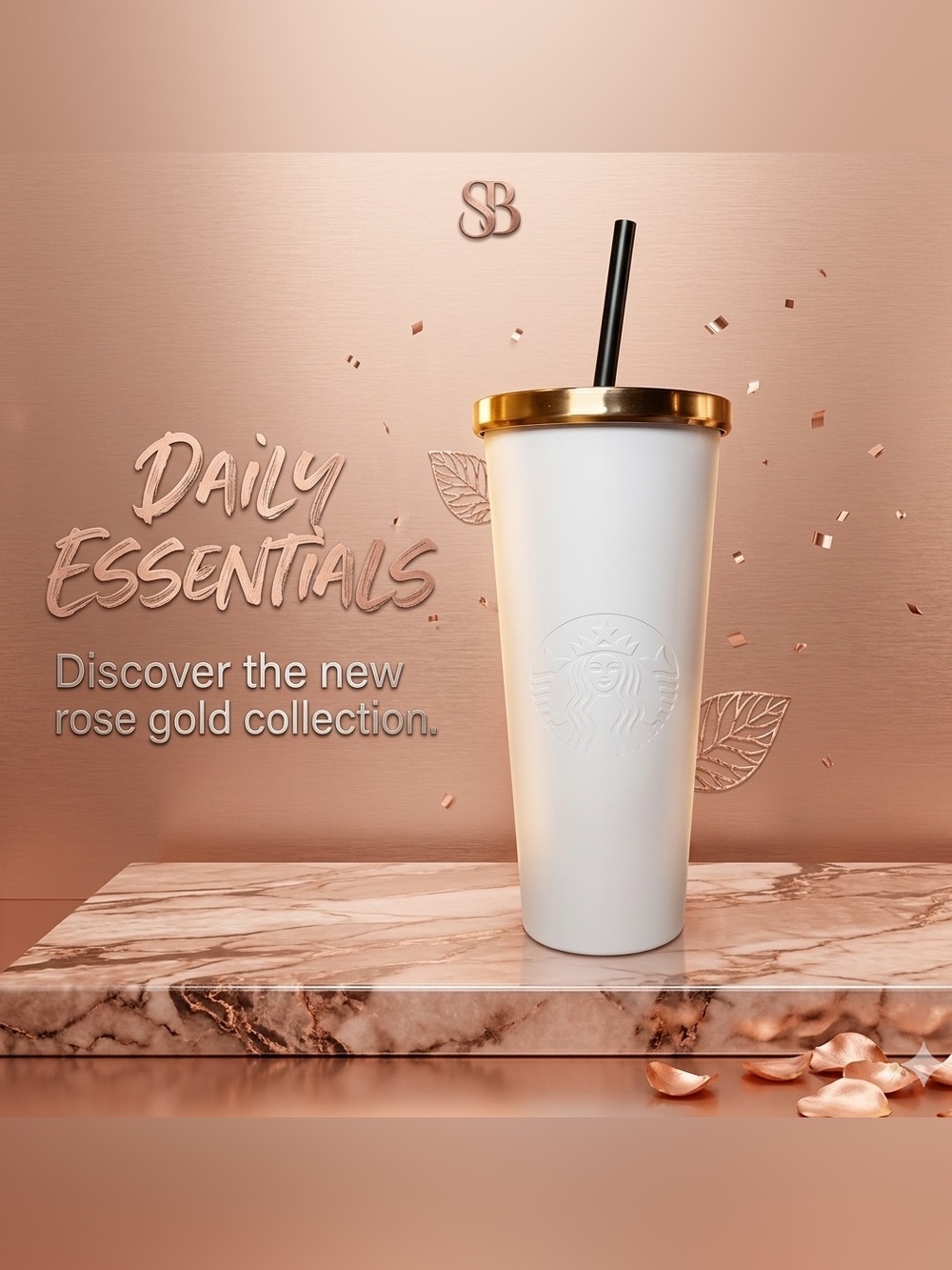 Starbucks 2015 White Embossed Siren SS Cold Cup Venti Rose Gold Lid 24oz NWT